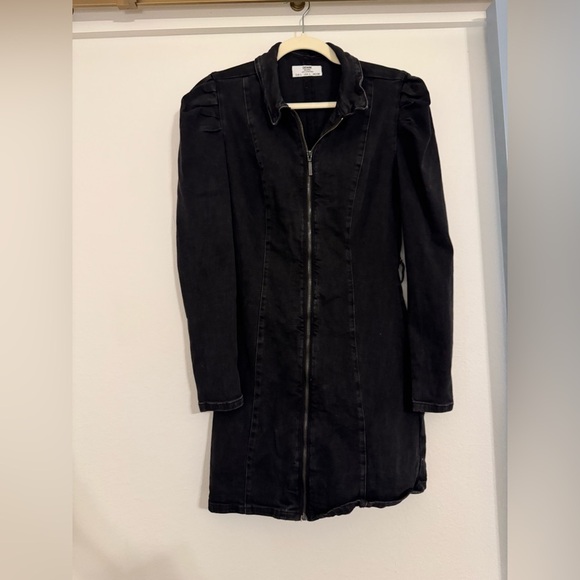 Bershka Black Denim Belted Puff Long Sleeve Dress- Large - Picture 7 of 11